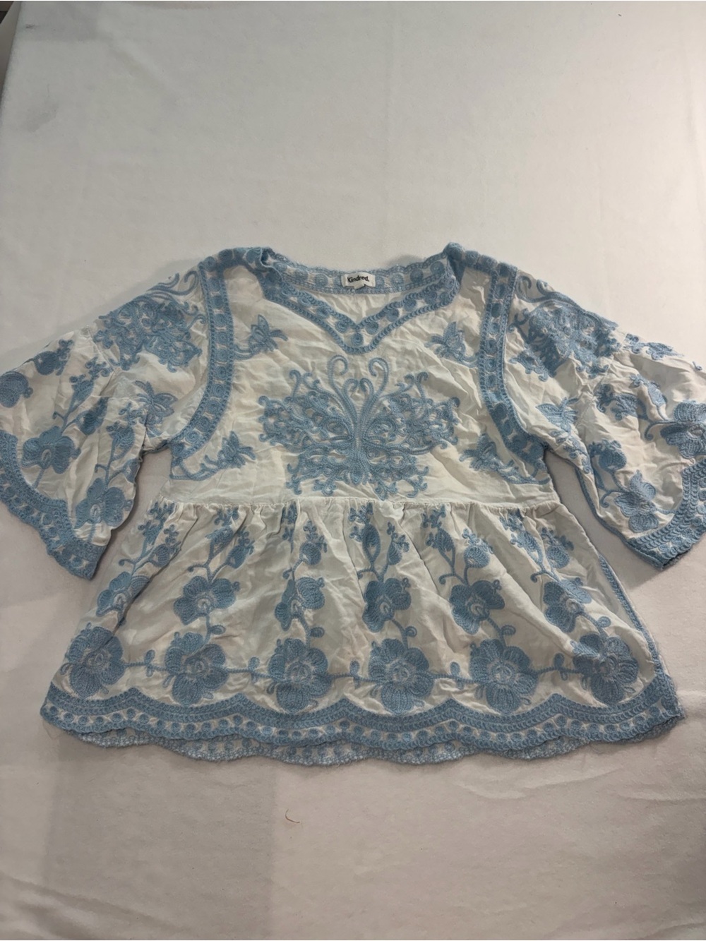 Embroidered Peasant Blouse - Light Blue & White